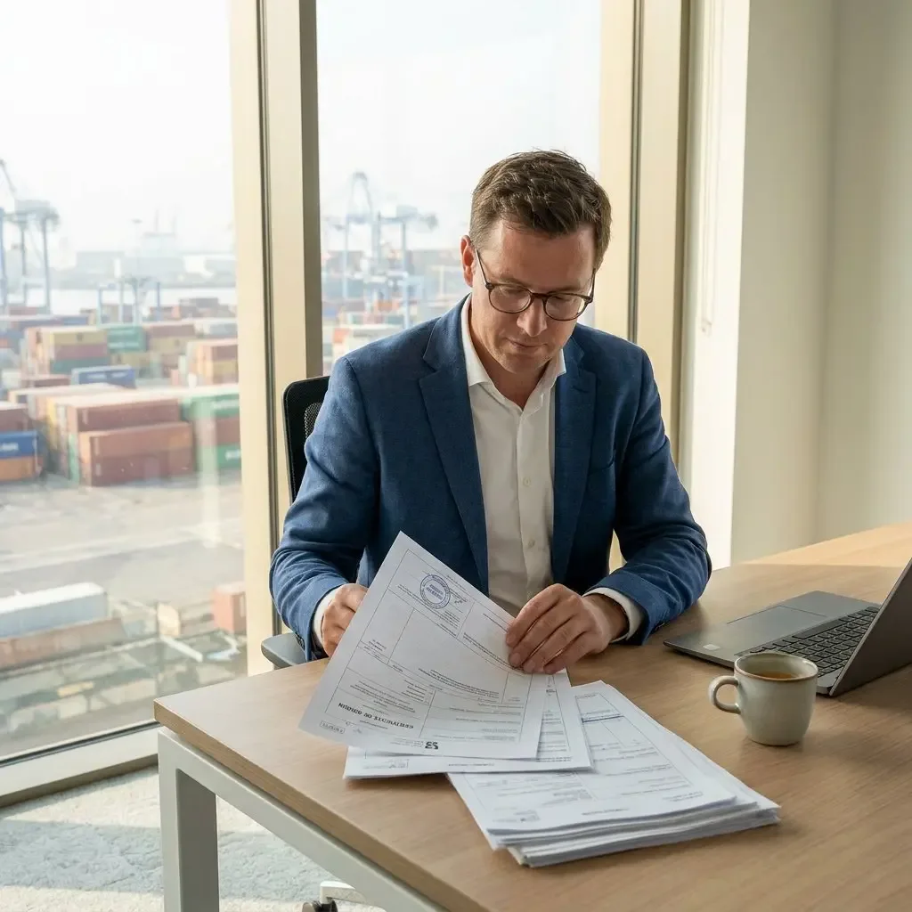 Customs specialist reviewing stamped shipping and customs documents, such as a certificate of origin, at a desk with a laptop, overlooking a container terminal with stacked shipping containers and port cranes.